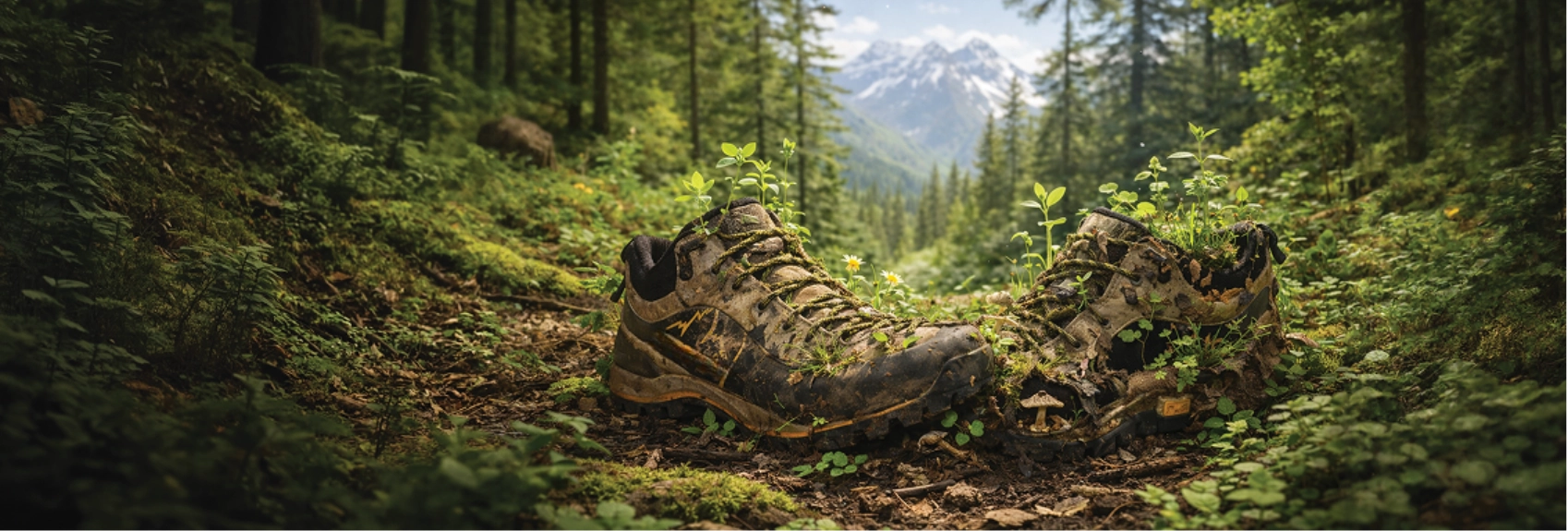 Brown trekking shoes on dirt surrounded by forest and mountains in the back.